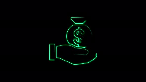 Neon line Hand holding money bag icon isolated on black background. Dollar or USD symbol.
