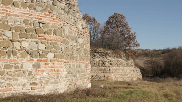 GAMZIGRAD, SERBIA - DECEMBER 25, 2017 Slow tilt of towers in Felix Romuliana palace complex built by