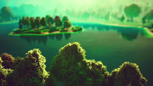 Cartoon Green Forest Landscape with Trees and Lake