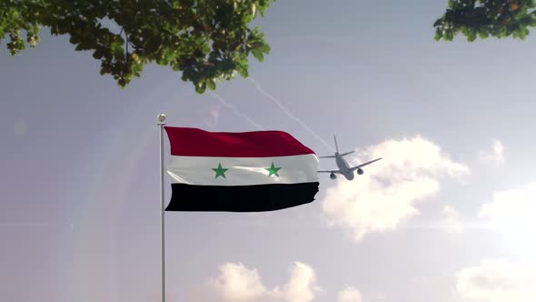 Syria Flag With Airplane And City -3D rendering