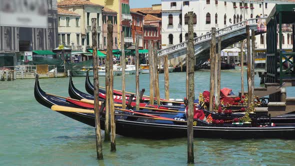 Beautiful Gondolas Docked in Venice Canal, Water Transport, Sightseeing Tour