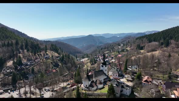 Aerial view of the church in the village of Spania Dolina in Slovakia