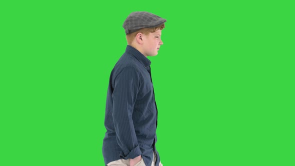 Stylish Teenage Boy Hands Pockets Walking Green Screen Chroma Key