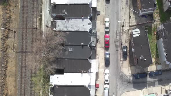 drone flying over city streets in Philadelphia.