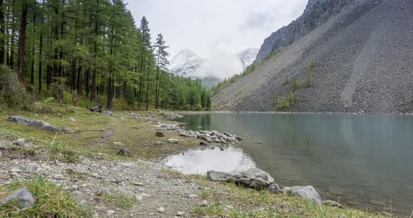 Mountain Lake Timelapse at the Summer or Autumn Time. Wild Nature and Rural Mount Valley. Green