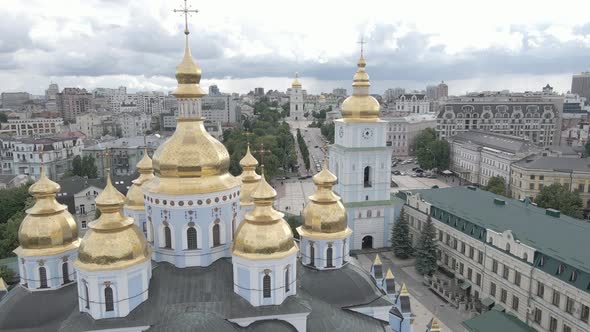 Kyiv. Ukraine: St. Michael's Golden-Domed Monastery. Aerial View. Flat, Gray