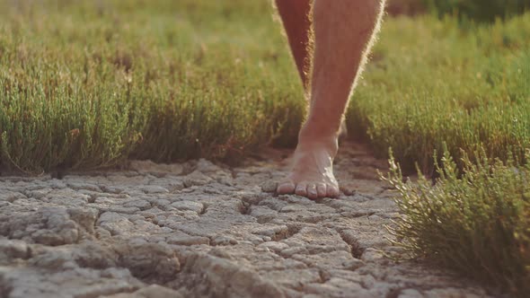 Man Stepping Barefoot From Green Grass to Cracked Soil Ground