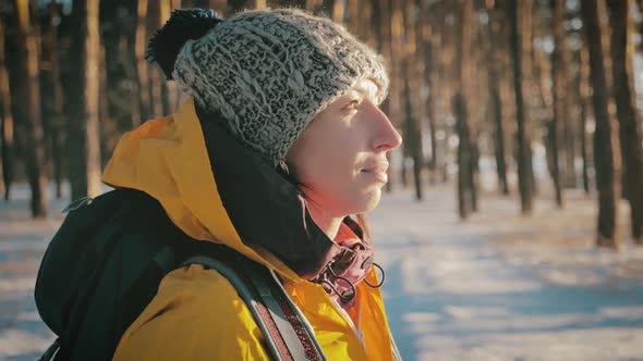 Young Travel Backpacker Woman with Backpack Walking in Snowy Winter Pine Forest