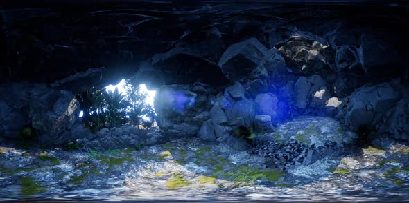 Vr 360 Camera Moving Inside Tropical Cave in Jungle with Palms and Sun Light. VR