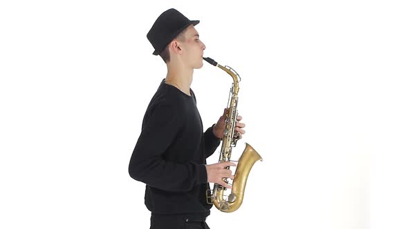 Slow Motion. Saxophonist Plays a Tune on the Sax