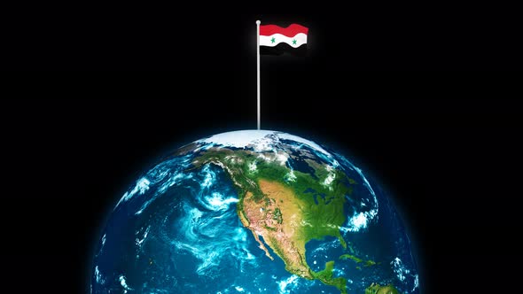3d Rotated Planet Earth On Flying Syria Flag Animation