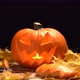 Jack O Lantern Halloween Pumpkin with Candle Inside on Yellow Leaves - VideoHive Item for Sale