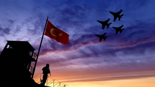 Turkish Military and Warplanes Watching at the Border