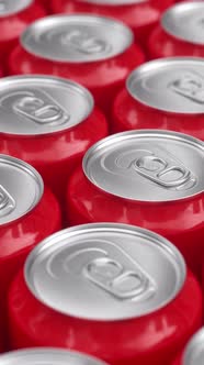 Many Red Aluminum Metal Soda Cans, Tin Can Coke Production Concept. 3d Animation Render