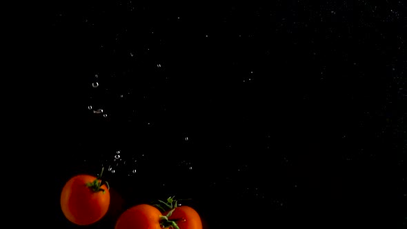 Red Tomatoes Fall and Float in Water Black Background Slow Motion