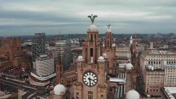 Aerial Close Up View of the Tower of the Royal Liver Building in Liverpool UK