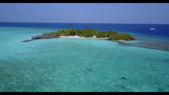 Aerial above scenery of relaxing shore beach journey by shallow sea and white sandy background of a 