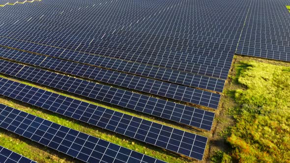 Aerial Drone View Flight Over Solar Power Station Panels