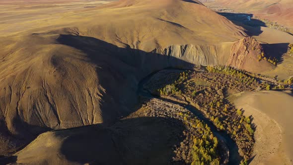 Mountains, Larches and Meanders of River in Autumn. Altai Mountains, Russia