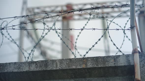 Barbed Wire On Restricted Object. Heavily Guarded Place Prison Barbed Wire Fence. Prison Razor Wire