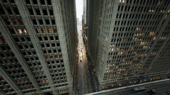 Aerial Hyperlapse of Busy Car Traffic in Between Skyscrapers City Center