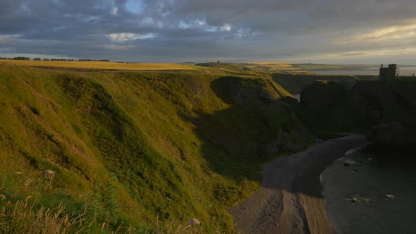 Pan right of the Dunnottar Castle at sunrise