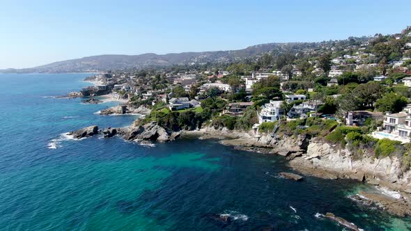 Aerial View of Laguna Beach Coastline Town Wealthy Villas on the Cliff, California