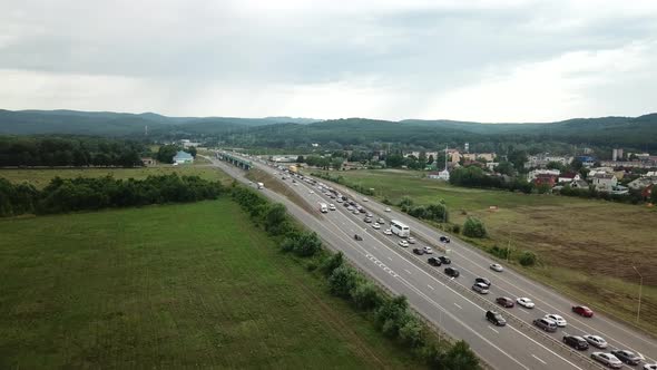 View From Above of Freeway Busy Rush Hour Heavy Traffic Jam Highway