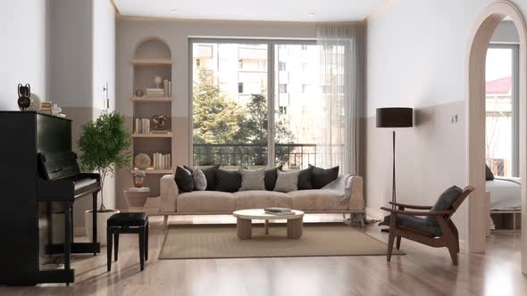 Modern Living Room Interior With Grand Piano, Sofa, Coffee Table And Garden View From The Window