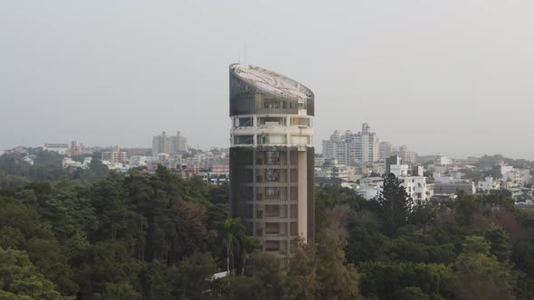 Aerial Drone Video of Sun-Shooting Tower The Landmark of Chiayi City Taiwan with Gigantic Bauhinia o