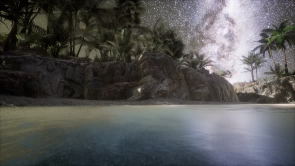Beautiful Fantasy Tropical Beach with Milky Way Star in Night Skies alt