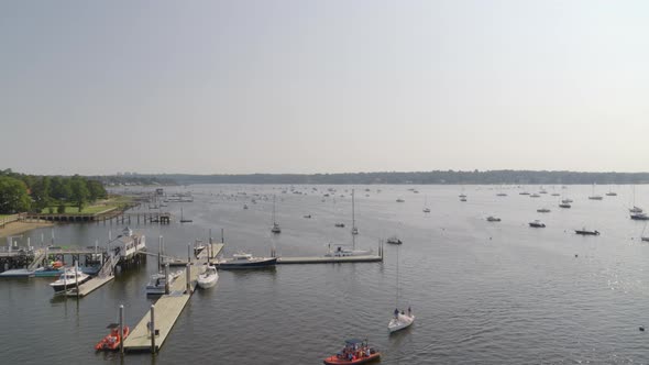 Aerial Pan of Boats Anchored at Bay and Piers on Manhasset Bay