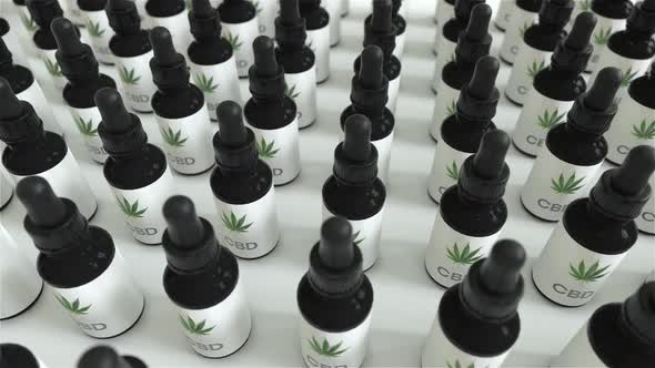 Seamless Loop of A lot of CBD oil bottles with marijuana or cannabis oil leafs in between, White bra