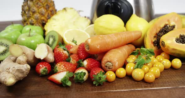 Various fruits and vegetables in blender