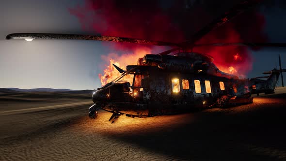 Burned Military Helicopter in the Desert at Sunset alt
