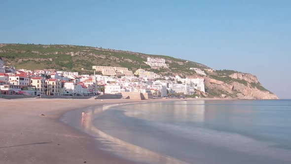 Beach at Small Town of Sesimbra Portugal Panorama Timelapse Hyperlapse