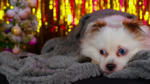 A Small Relaxed Dog Lies Wrapped In A Blanket