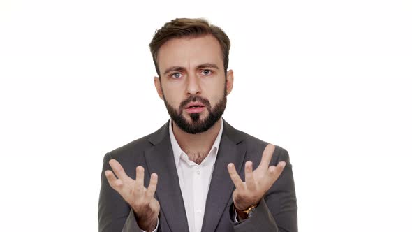 Portrait of Irritated Man Having Beard and Mustaches Being Full on Anger Gesturing in Annoyance