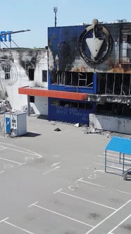 Vertical Video of a Destroyed Building of a Shopping Center in Bucha Ukraine
