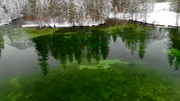 Beautiful view on an frozen Lake in Schiederweiher in Upper Austria Drone Video