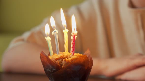 Closeup Woman Makes a Wish Blows Out the Candles on a Birthday Cake and Laughs