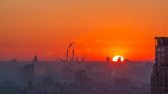 Residential Buildings Stalin Skyscrapers and Panorama of City at Sunrise Timelapse in Moscow Russia