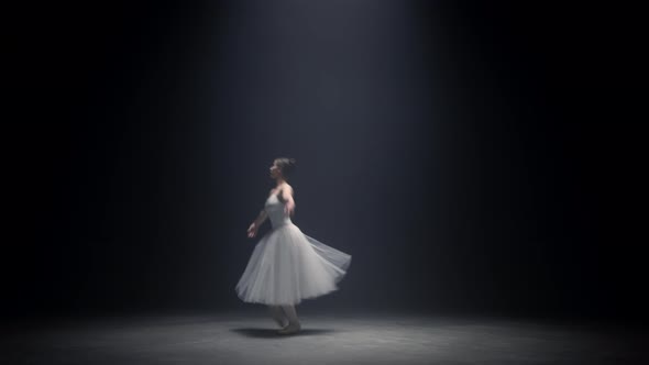 Gorgeous Woman Soaring in Ballet Dress on Stage