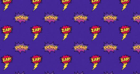 Multiple cartoon bubble with ZAP and POW written in yellow on a purple background alt