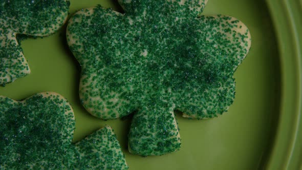 Cinematic, Rotating Shot of Saint Patty's Day Cookies on a Plate 