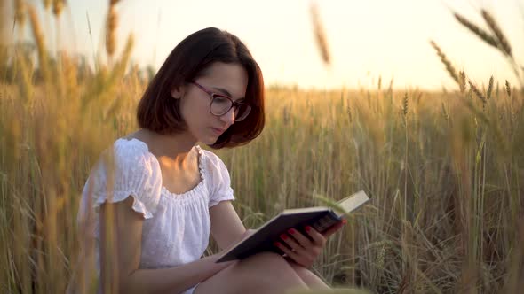 A Young Woman Is Reading a Book in a Yellow Field. A Girl Sits in a Dress in a Wheat Field with a