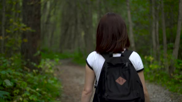 A Young Woman with a Backpack Walks Along a Forest Path Between the Trees