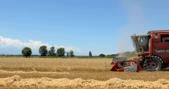 Combine harvester working on a barley field on sunny summer day