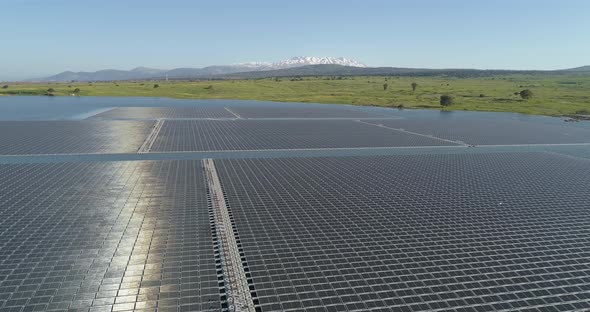 Aerial view of solar panels in Orvim Eliyon Reservoir, Golan Heights, Israel.