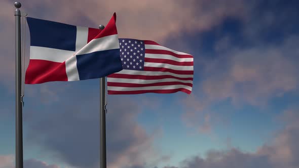 Dominican Republic Flag Waving Along With The National Flag Of The USA - 4K